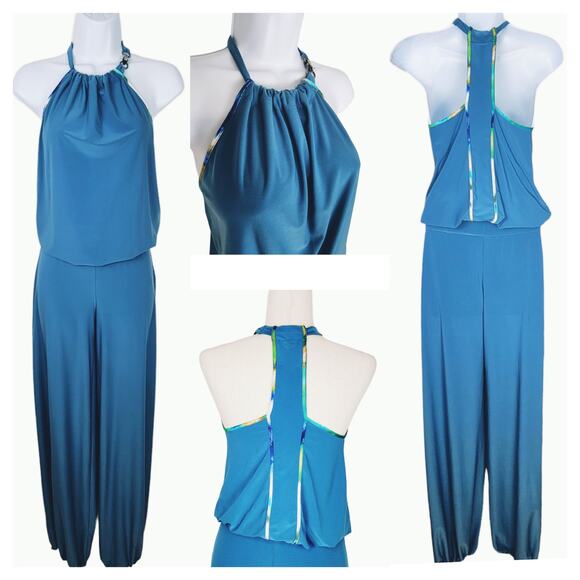 Abi Ferrin Steel Blue T-Back Halter "Hazel" 4013 Pantset Jumpsuit Size XS - Picture 1 of 16